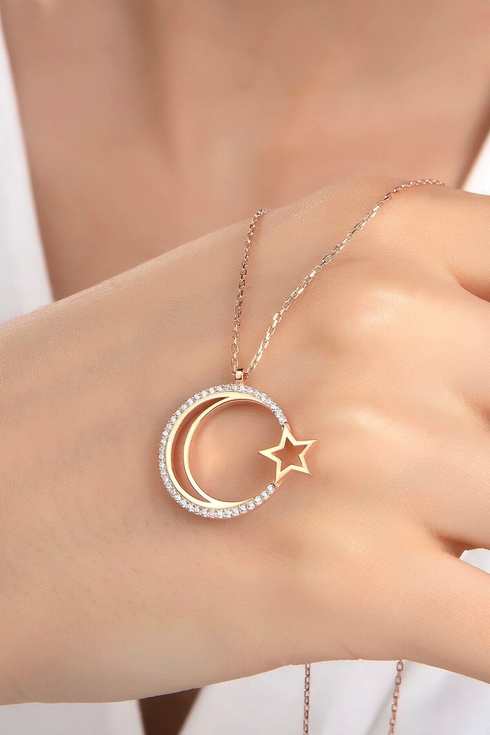 Kadın Orjinal 925 Ayar Gümüş Zirkon Taşlı Ay Yıldız Model Kolye