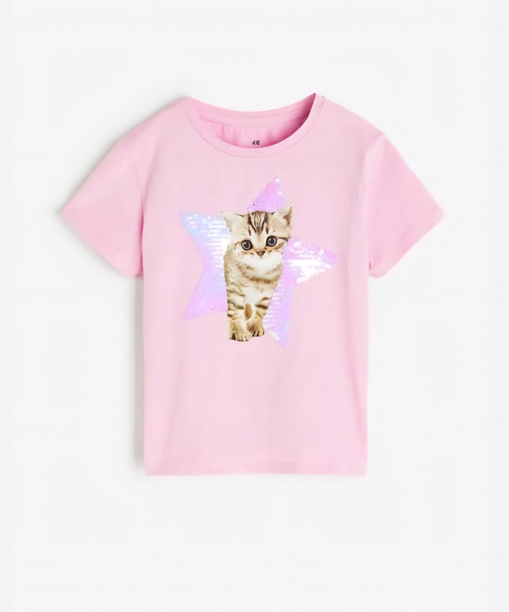 Kedi Desenli Pul Detaylı Kız ÇocukTişört Pembe