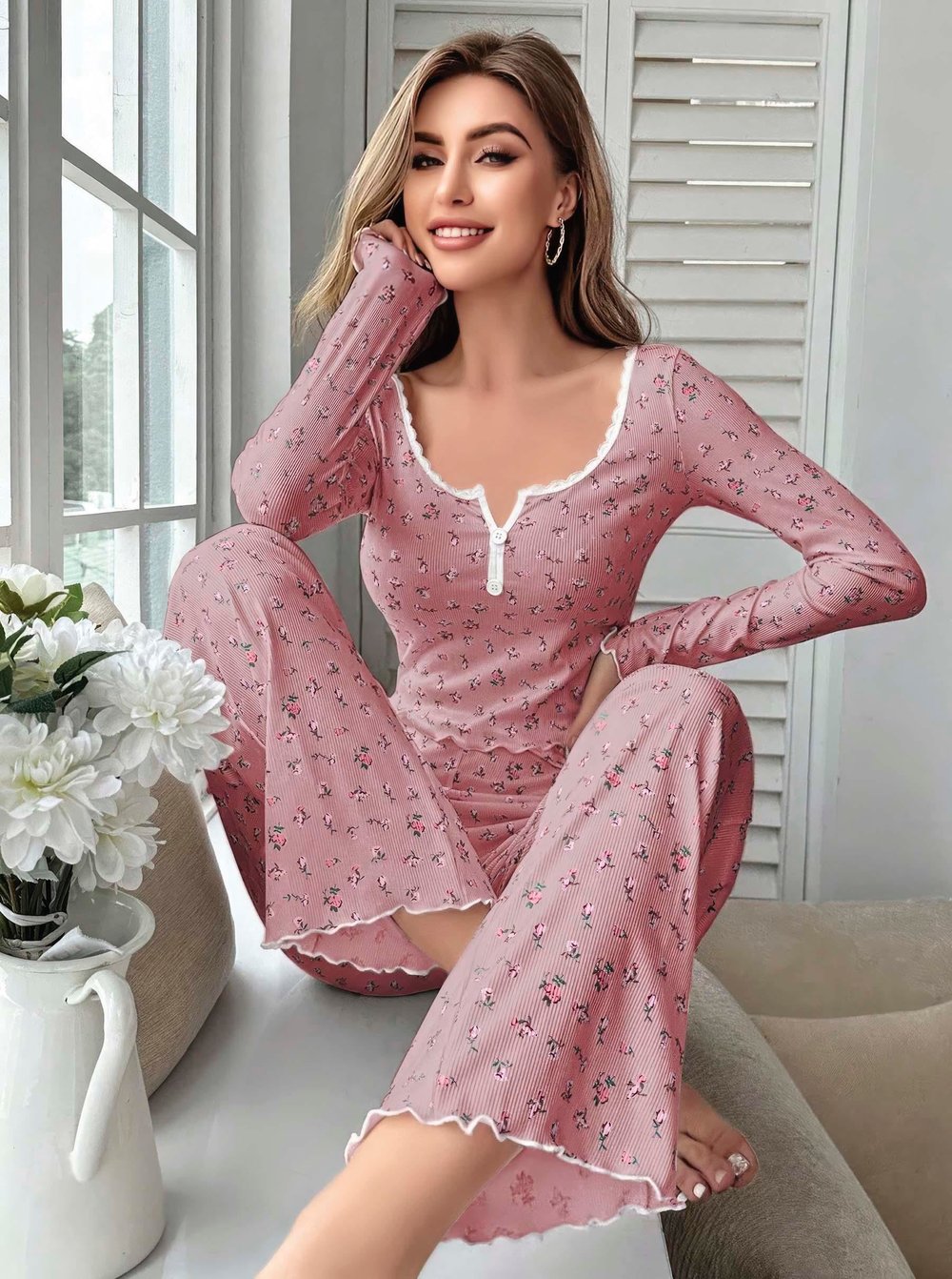  Kadın Çiçek Desenli Yumuşak Pamuklu Uzun Pijama Takımı 5132
