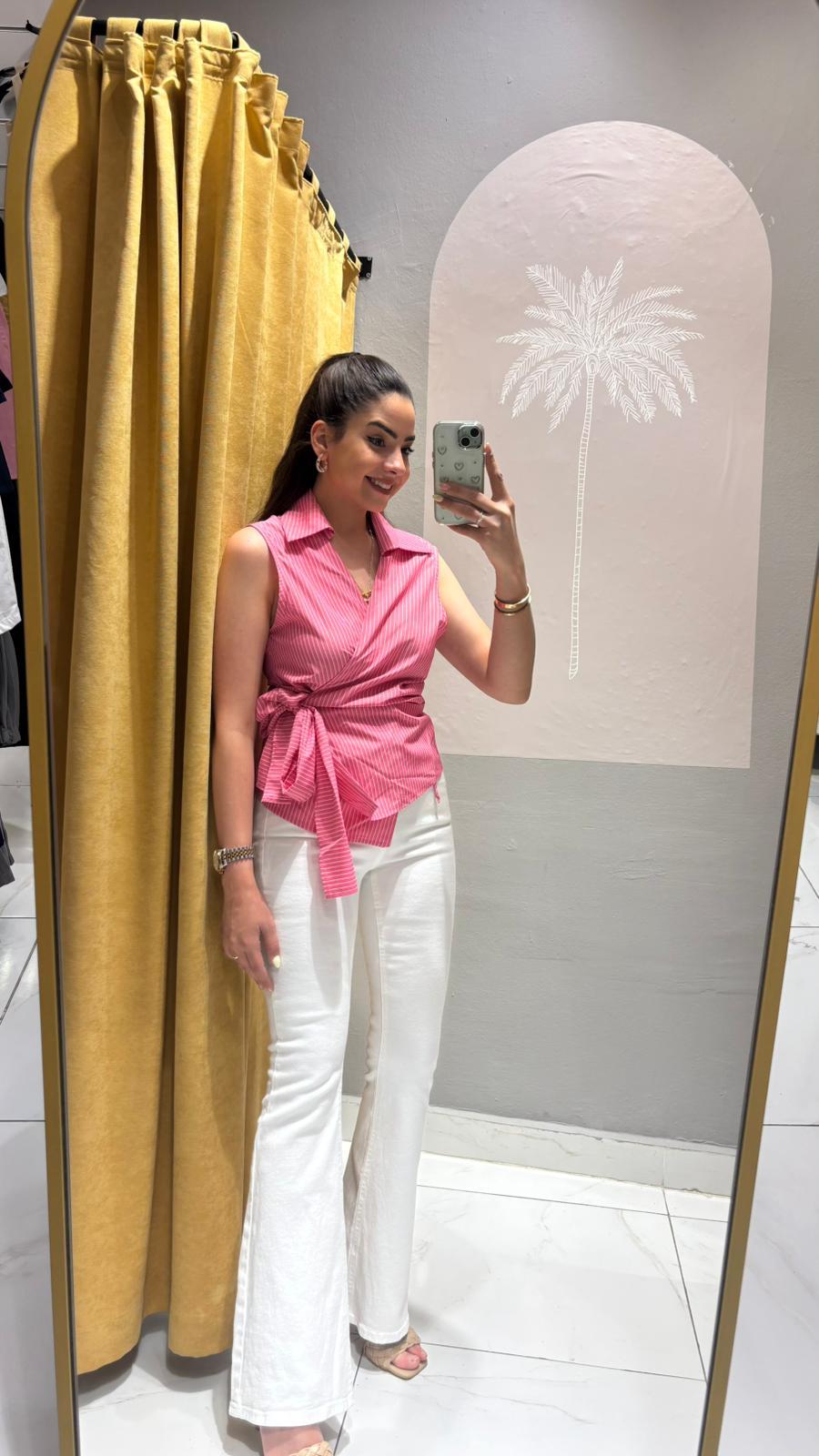 PEMBE ÇİZGİLİ KOLSUZ GÖMLEK