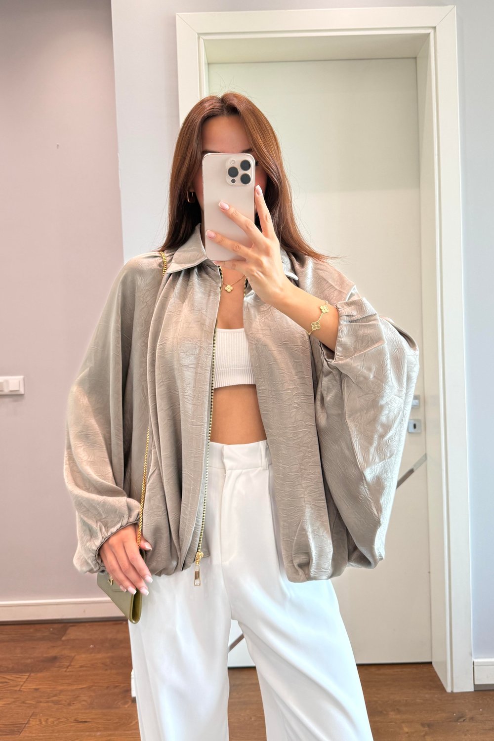 AÇIK YEŞİL SATEN BOMBER CEKET