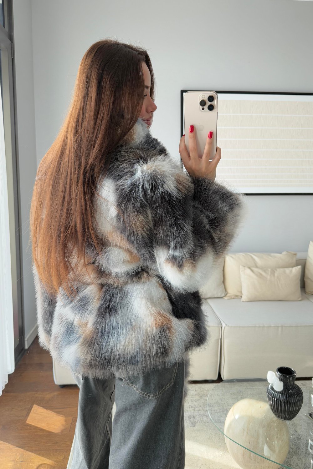 BATİK DESEN KUŞAKLI KÜRK-SİYAH CAMEL