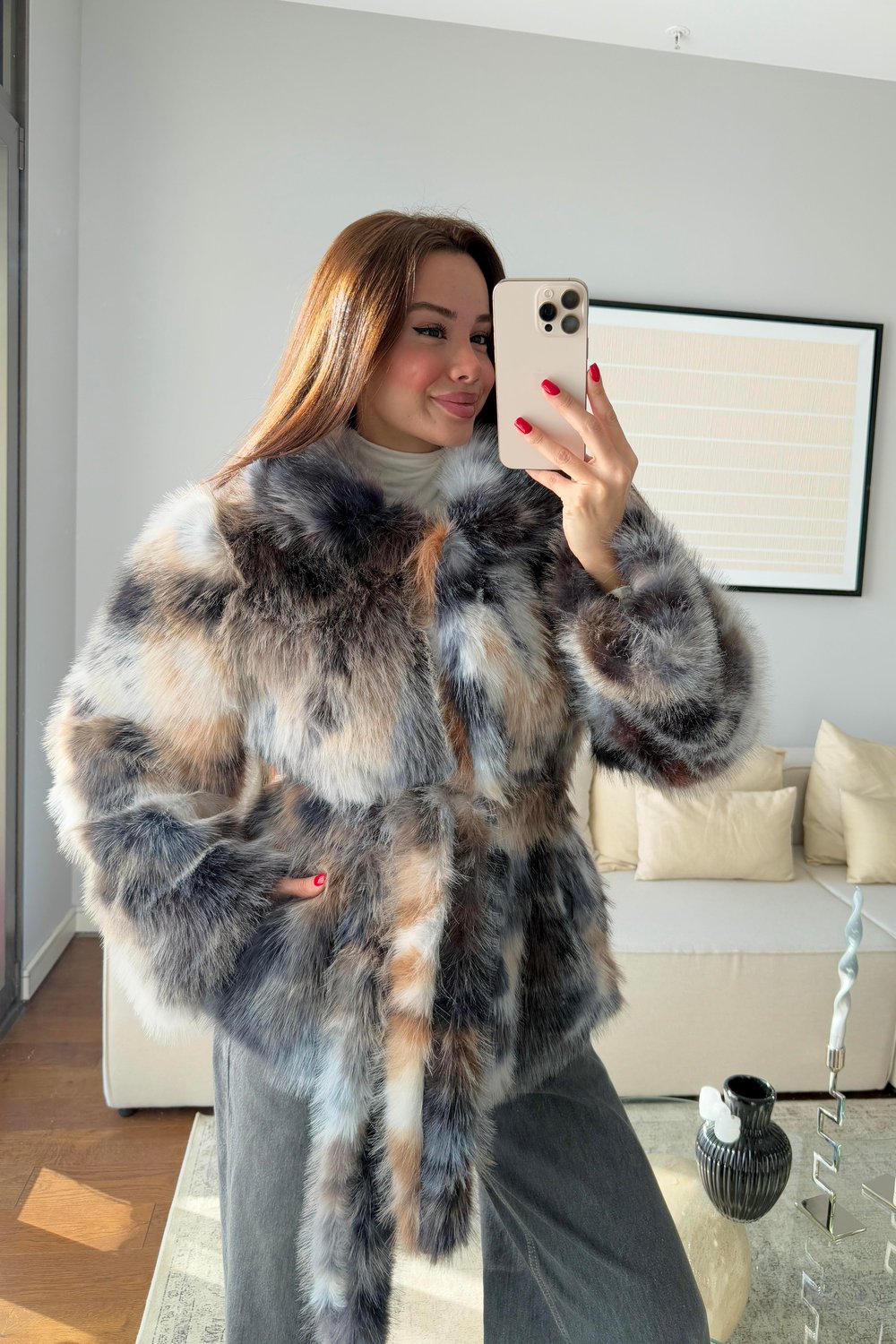 BATİK DESEN KUŞAKLI KÜRK-SİYAH CAMEL