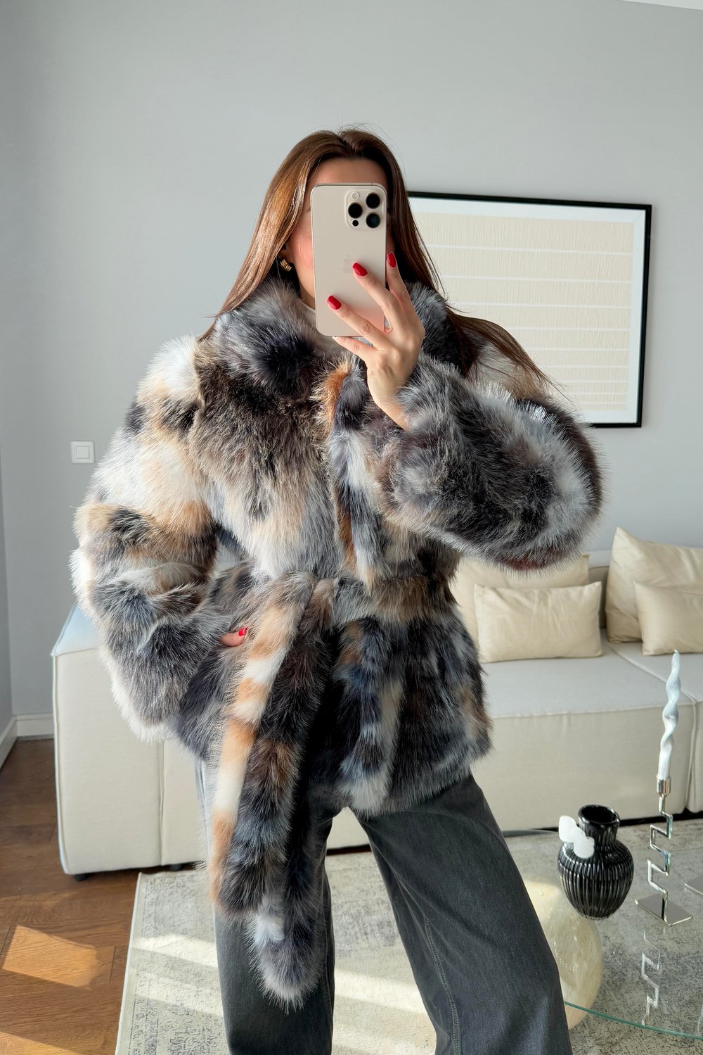 BATİK DESEN KUŞAKLI KÜRK-SİYAH CAMEL