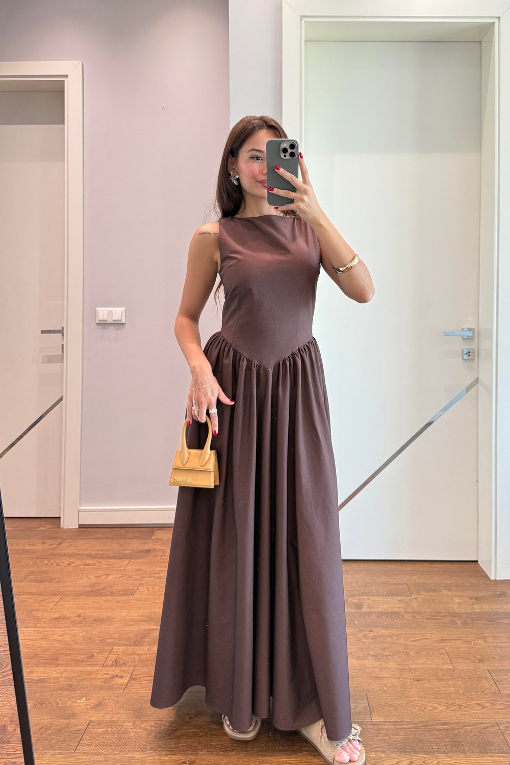 BEL DETAYLI TASARIM ELBİSE-KAHVE