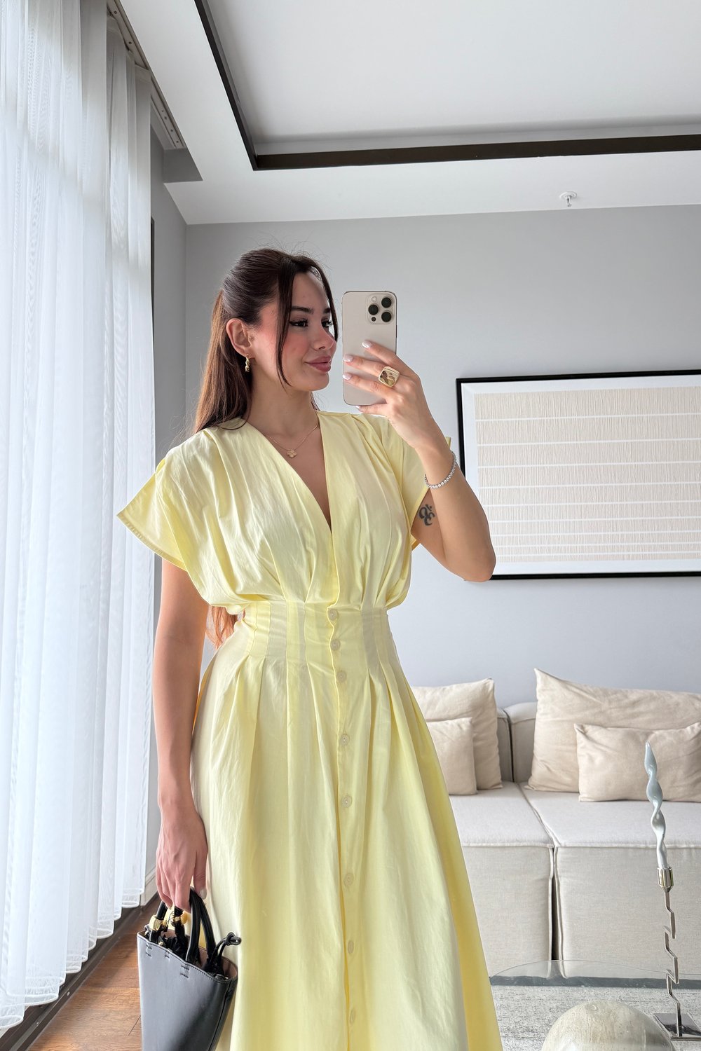 BELDEN BAĞLAMALI POPLİN ELBİSE-SARI