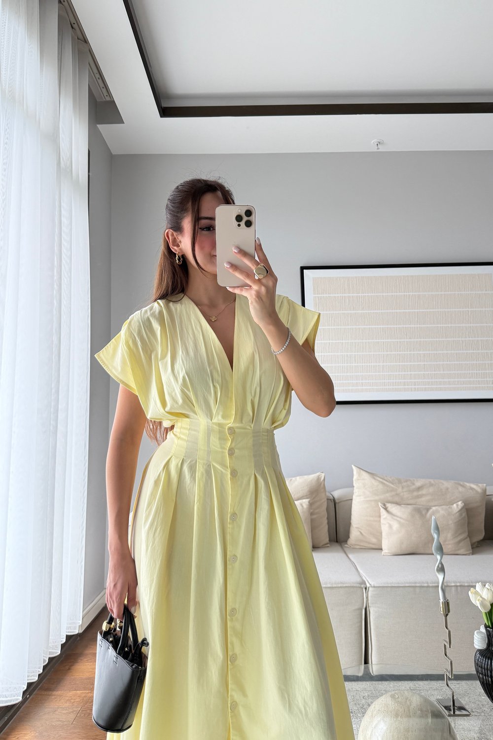 BELDEN BAĞLAMALI POPLİN ELBİSE-SARI