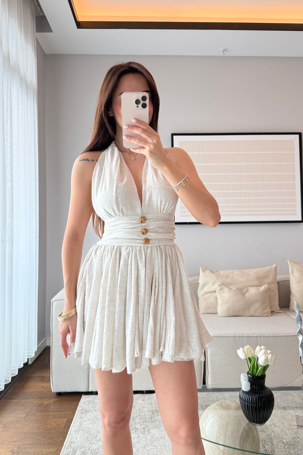 BOYUNDAN BAĞLAMALI GOLD DÜĞMELİ ELBİSE