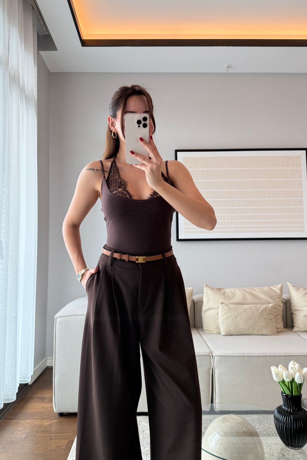 DANTEL DETAYLI BODYSUİT- KAHVE