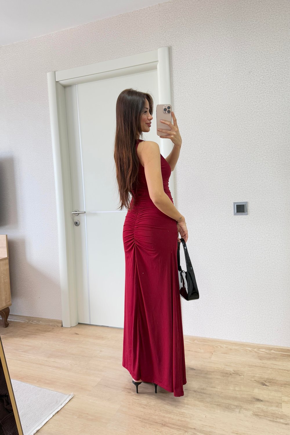 DRAPELİ ASKILI ELBİSE BORDO
