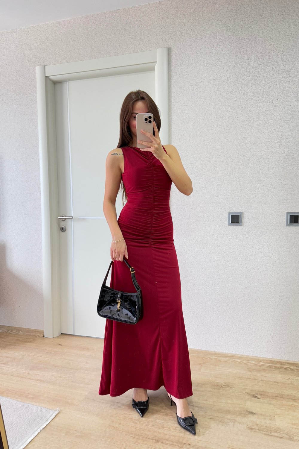 DRAPELİ ASKILI ELBİSE BORDO