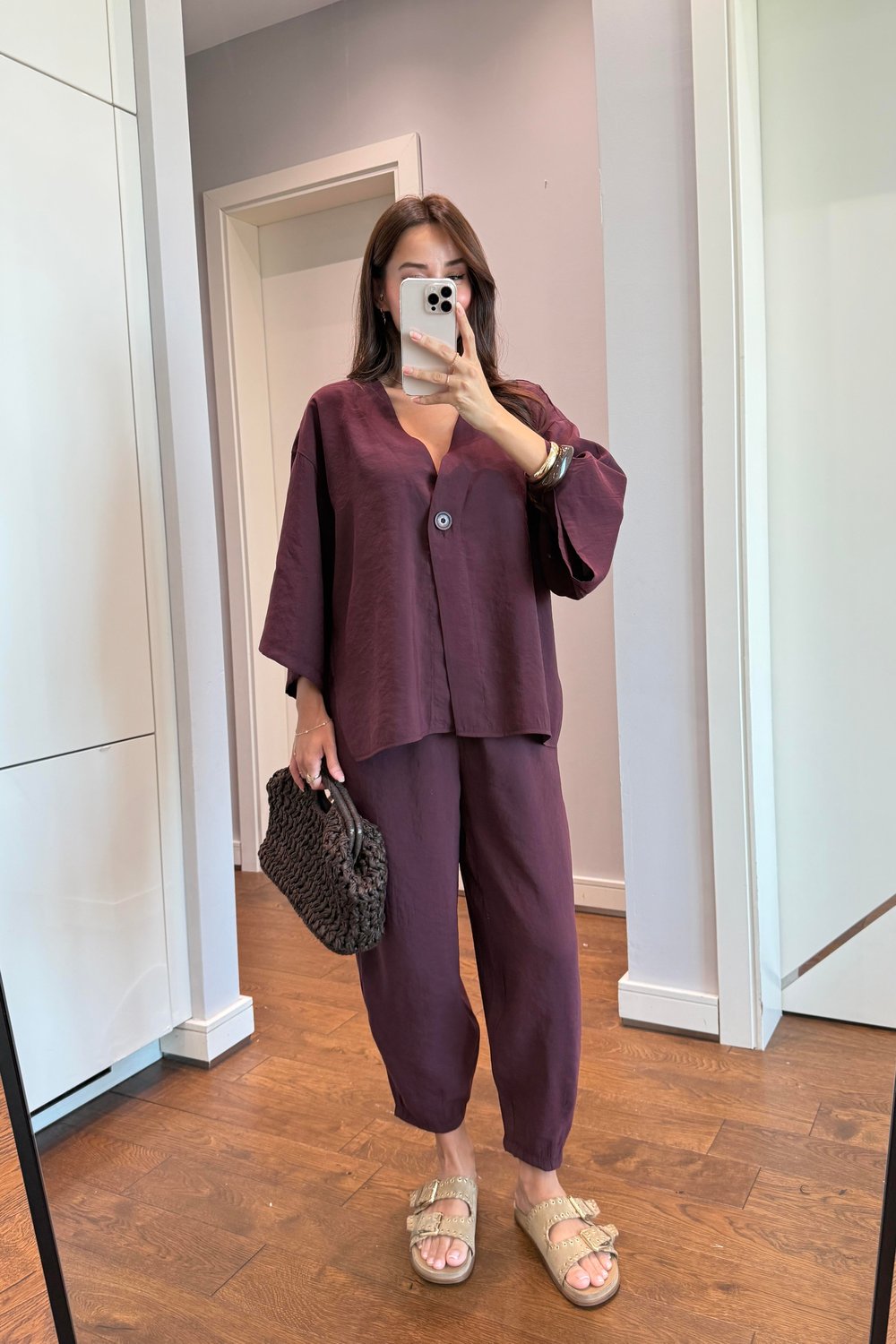 DÜĞME DETAYLI BLUZ PANTOLON TAKIM-BORDO