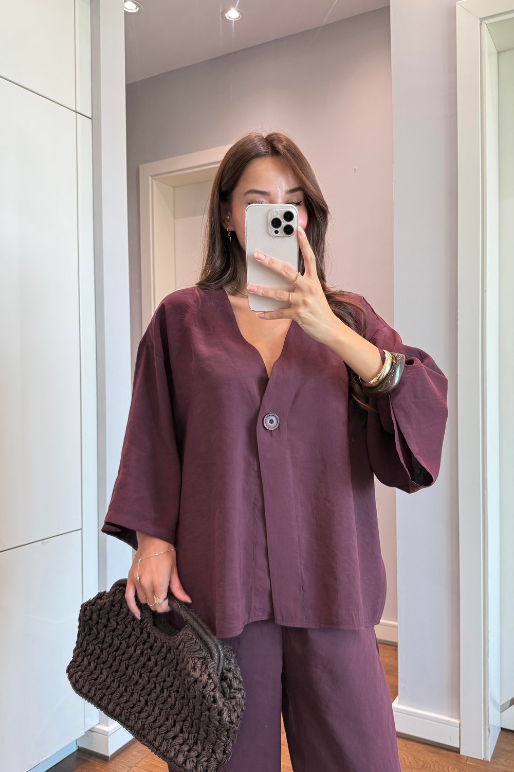 DÜĞME DETAYLI BLUZ PANTOLON TAKIM-BORDO