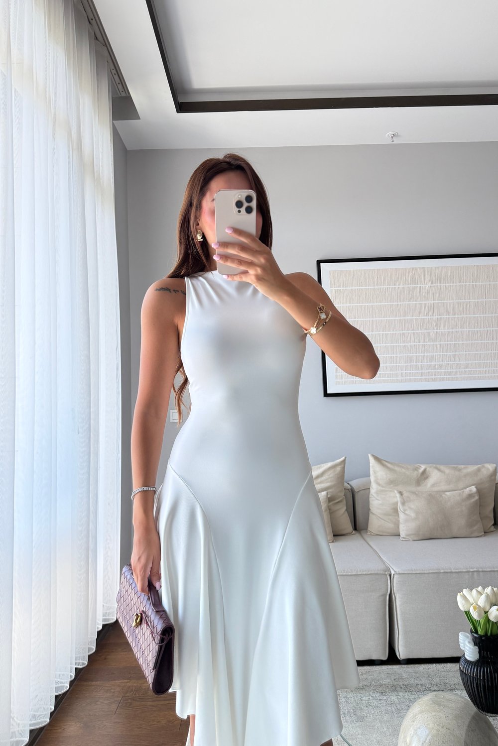 FIRFIR DETAYLI ELBİSE-BEYAZ