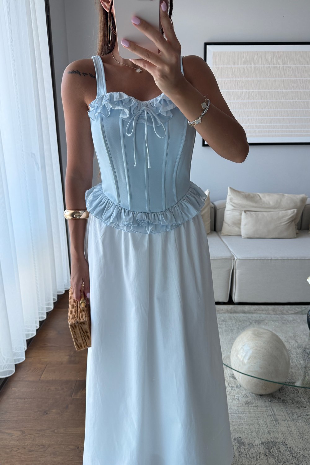 FIRFIRLI ASKILI BÜSTİYER BLUZ-MAVİ