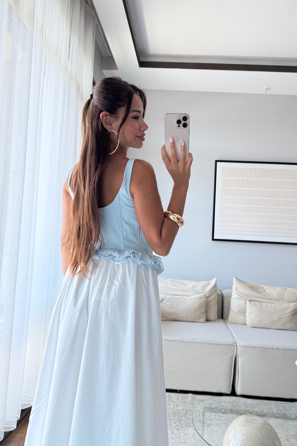 FIRFIRLI ASKILI BÜSTİYER BLUZ-MAVİ