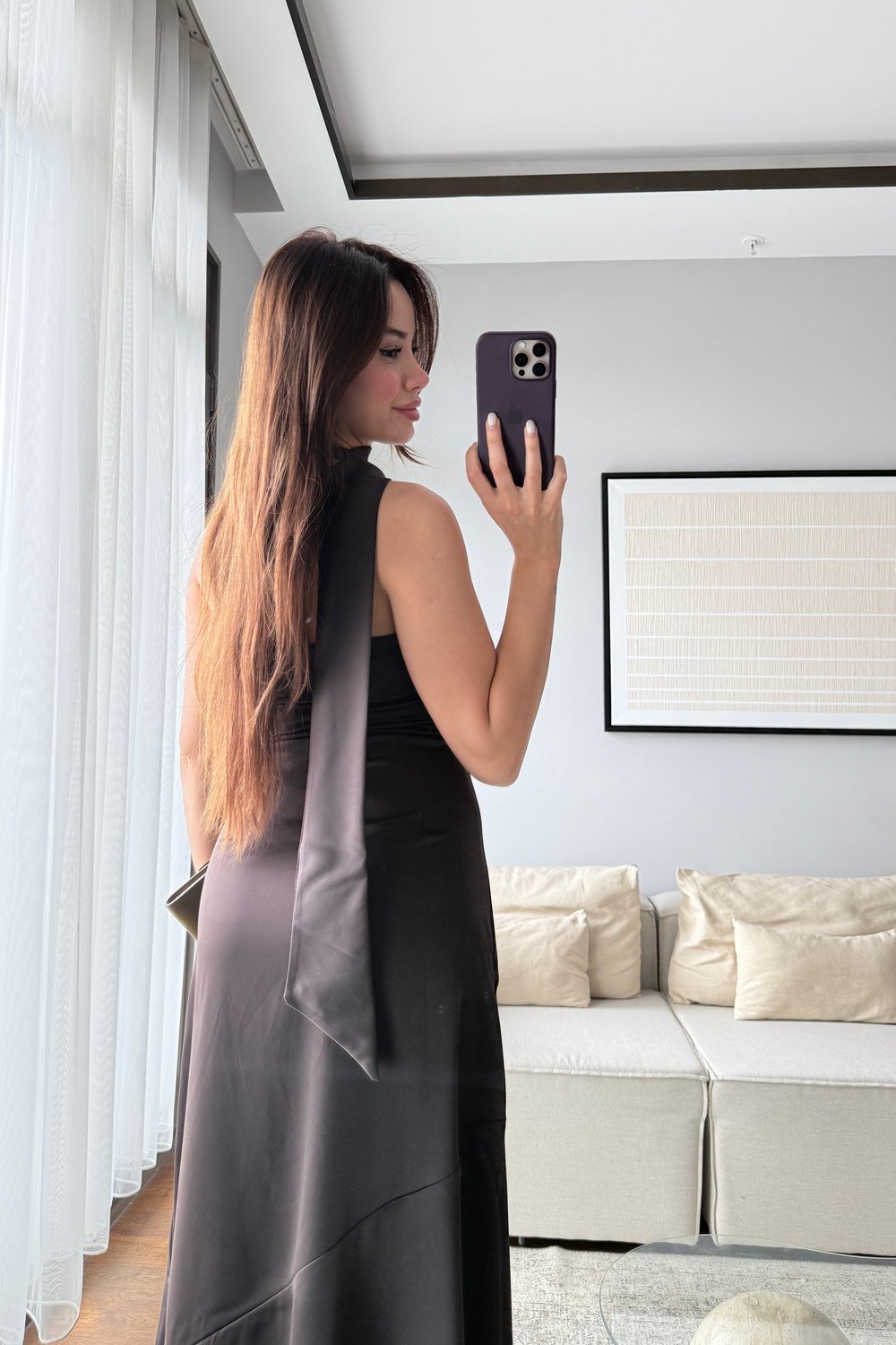 FULAR DETAYLI SATEN ELBİSE-KAHVE