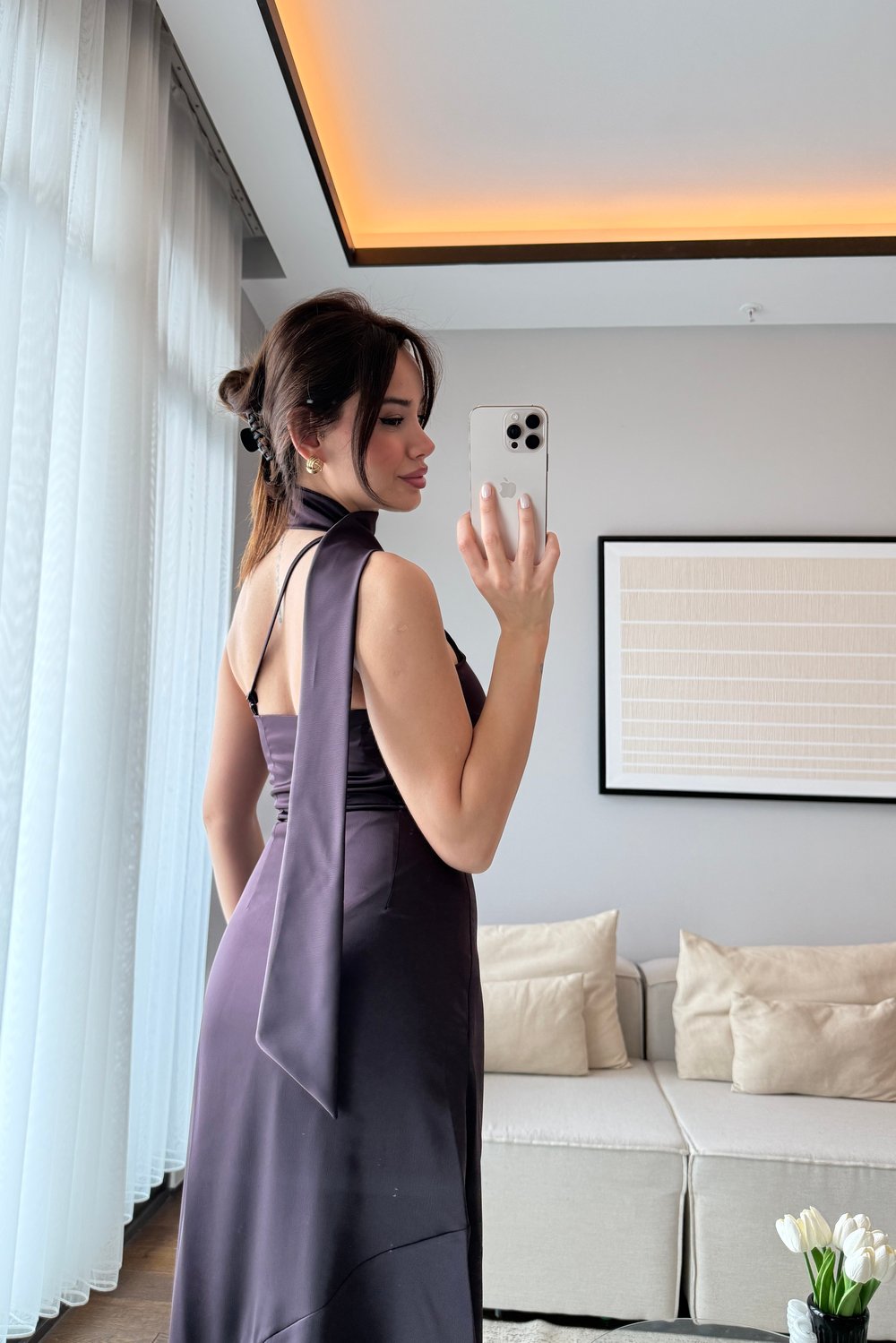 FULAR DETAYLI SATEN ELBİSE
