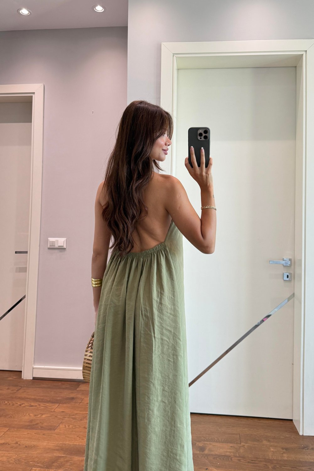 HALTER YAKA ARKA DEKOLTELİ TENSEL ELBİSE-YEŞİL