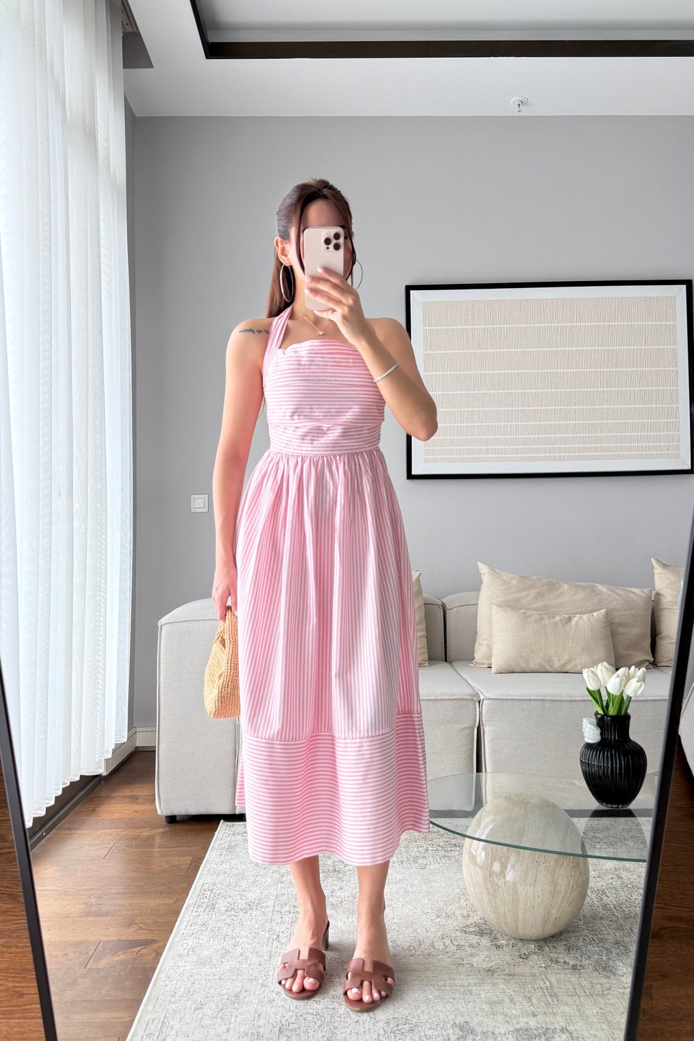 HALTER YAKA ÇİZGİLİ POPLİN ELBİSE-PEMBE