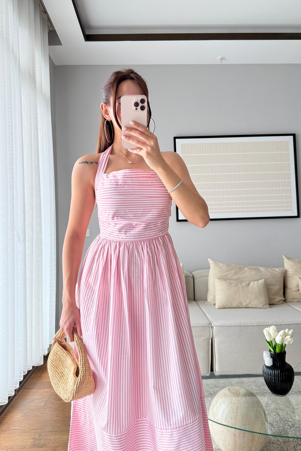 HALTER YAKA ÇİZGİLİ POPLİN ELBİSE-PEMBE