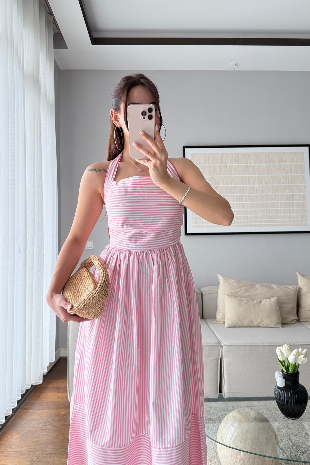 HALTER YAKA ÇİZGİLİ POPLİN ELBİSE-PEMBE
