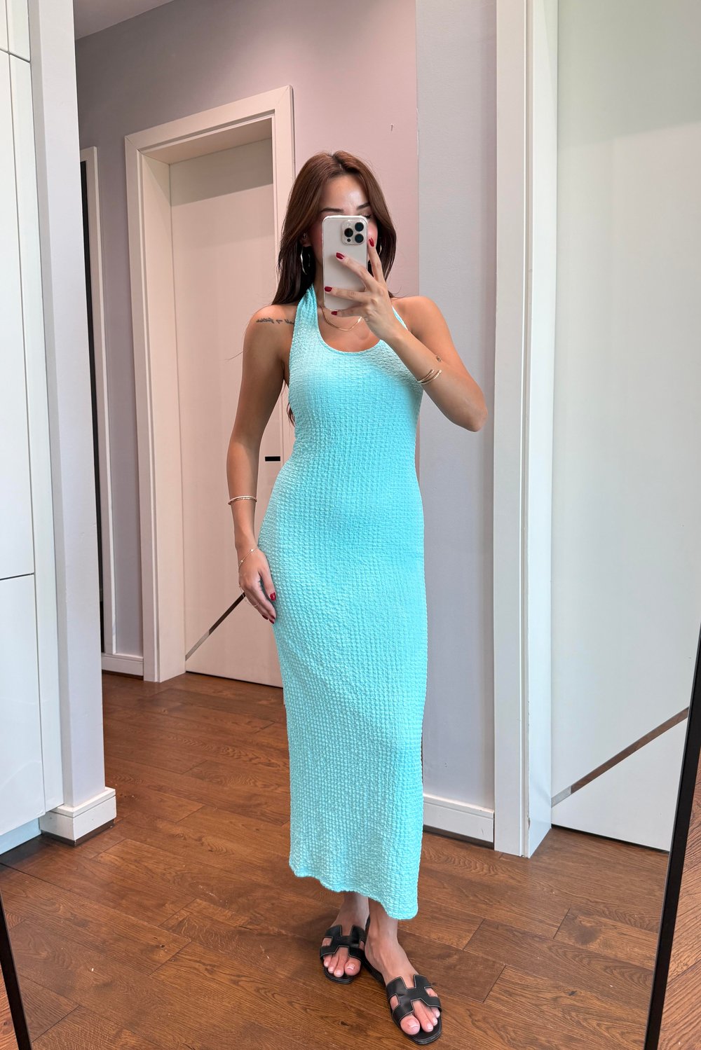 HALTER YAKA TURKUAZ  ELBİSE