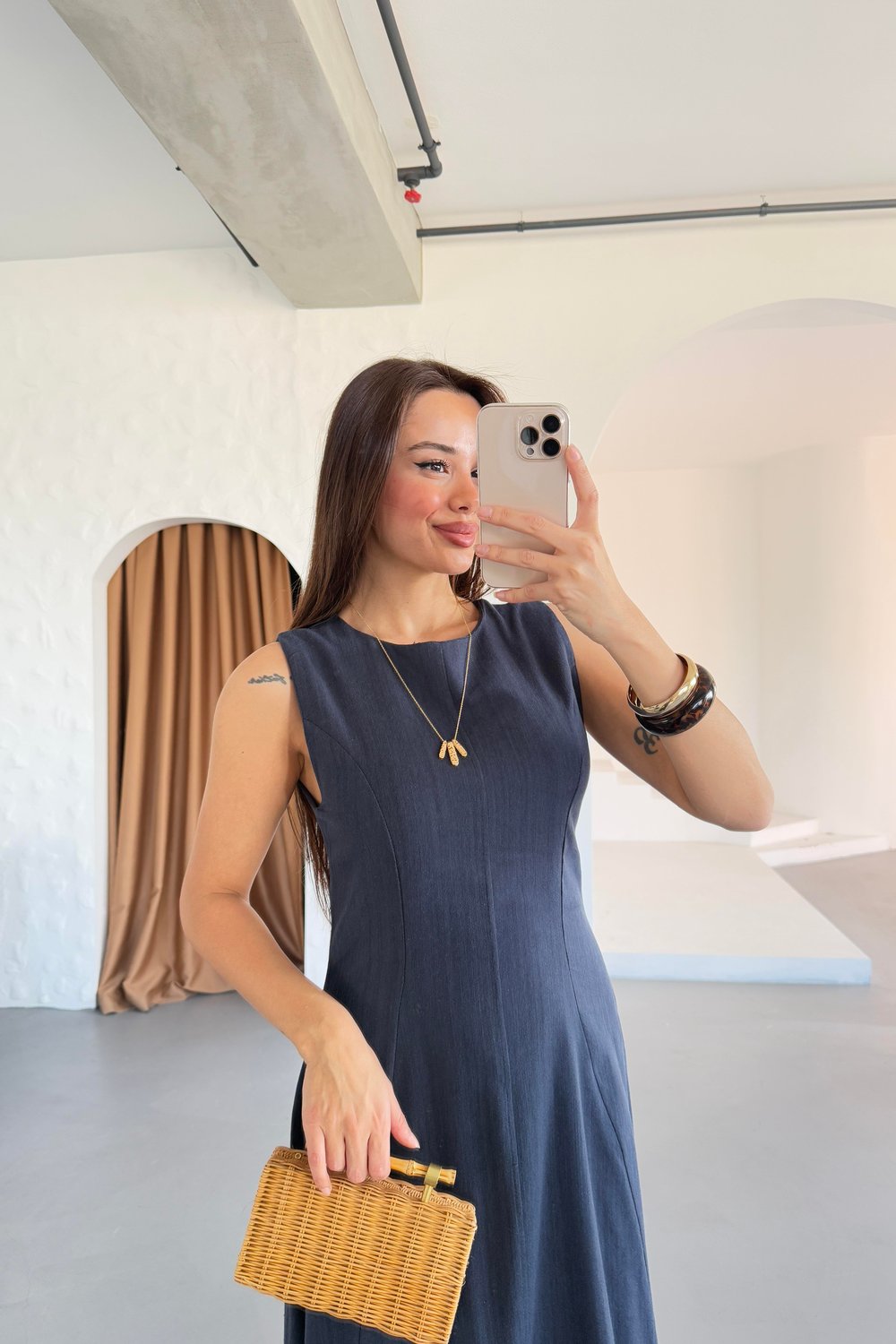 KETEN MİDİ ELBİSE LACİVERT