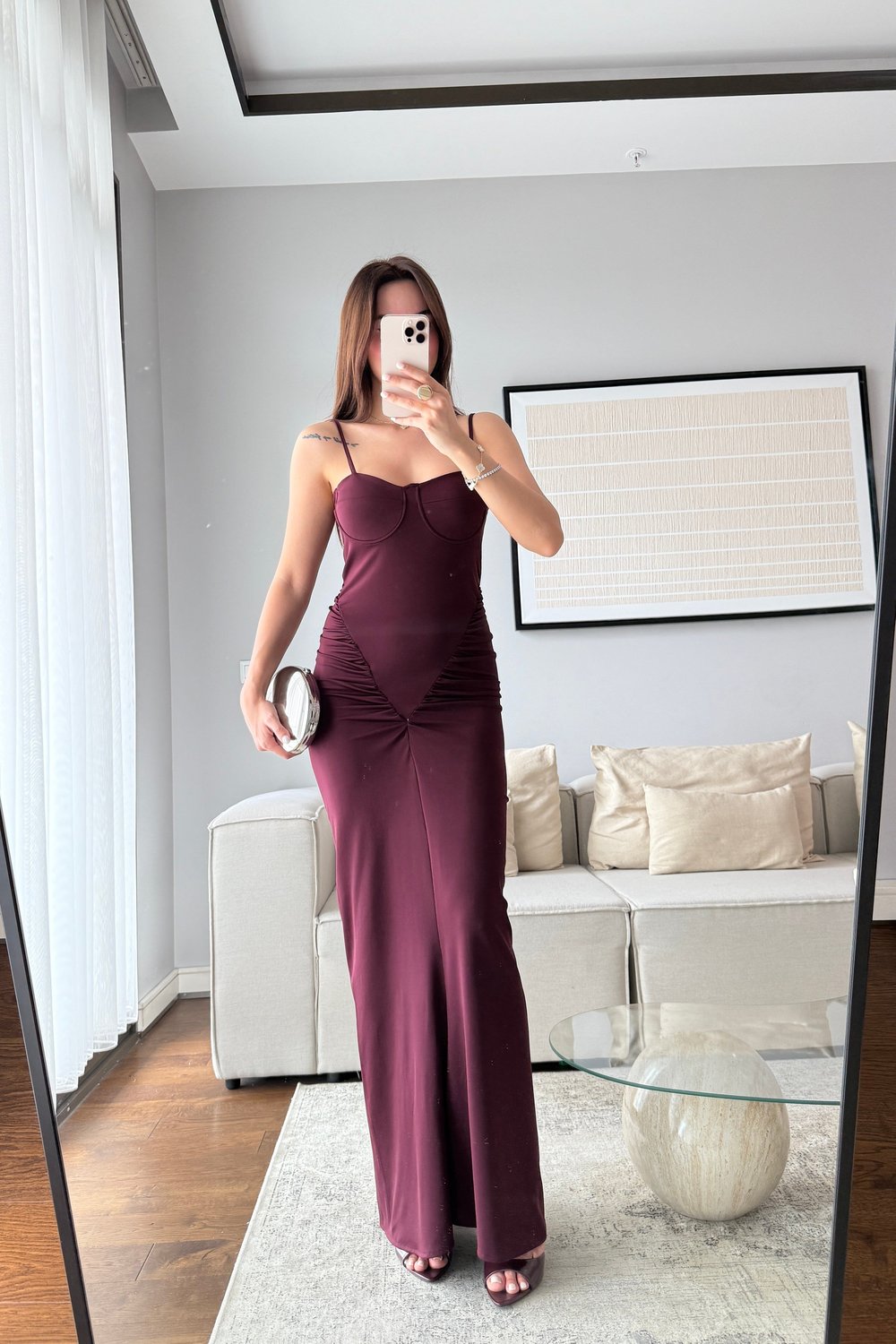 KORSE TARZI DRAPELİ ELBİSE-BORDO