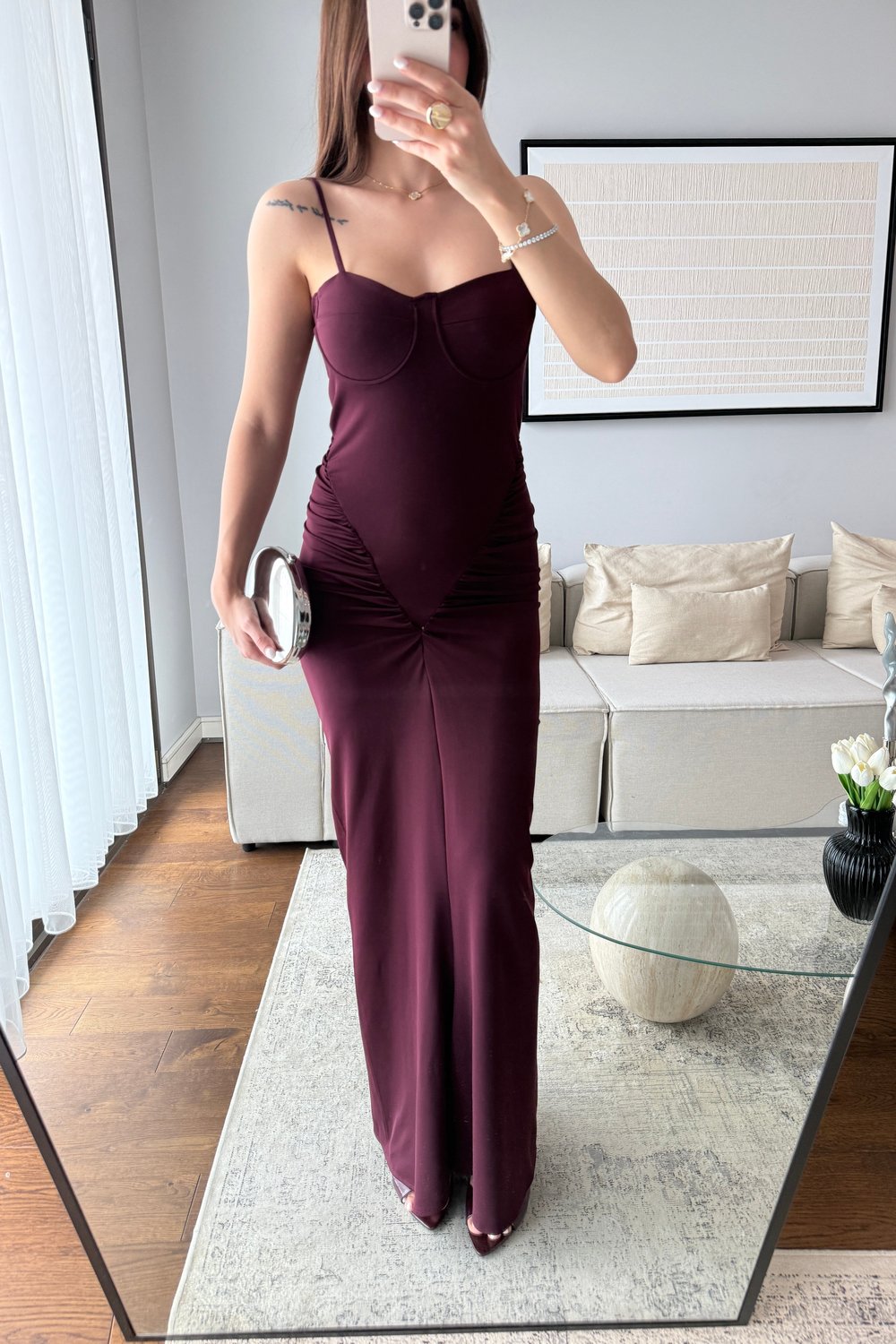 KORSE TARZI DRAPELİ ELBİSE-BORDO