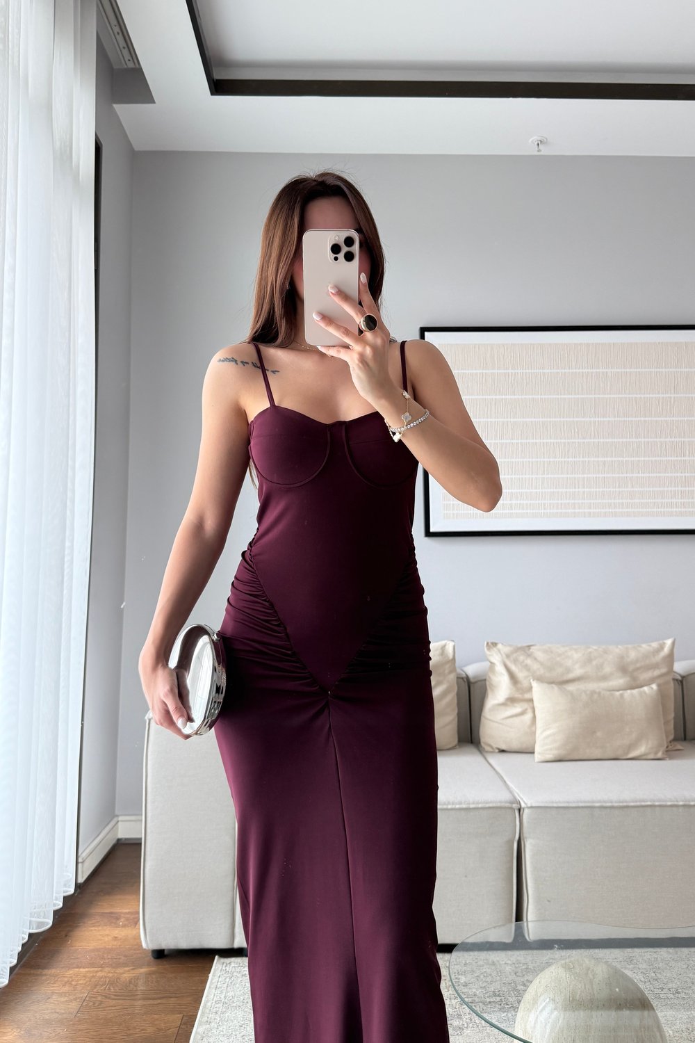KORSE TARZI DRAPELİ ELBİSE-BORDO