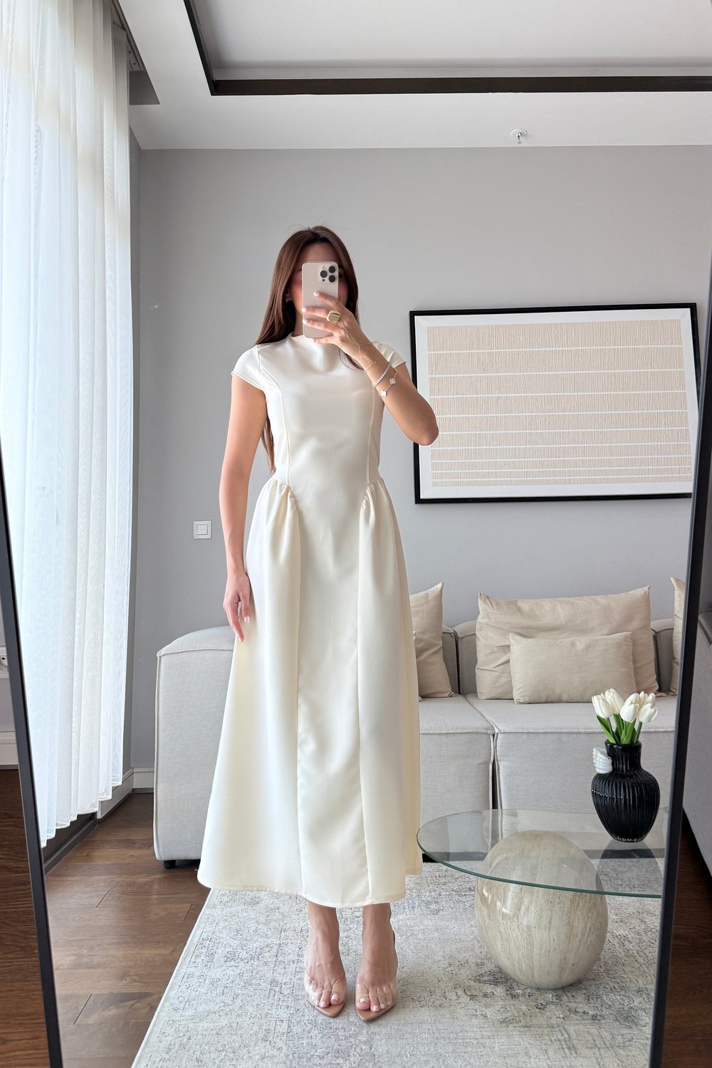 KUŞAK DETAYLI UZUN ELBİSE-EKRU