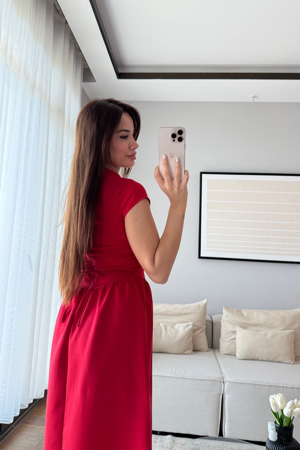 KUŞAK DETAYLI UZUN ELBİSE