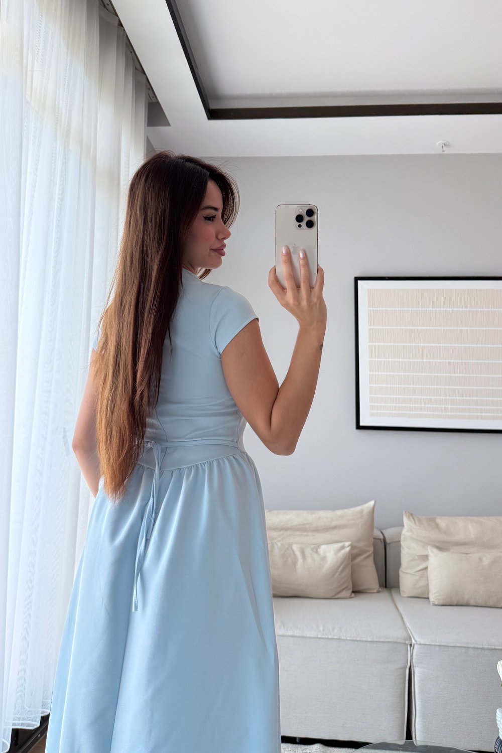 KUŞAK DETAYLI UZUN ELBİSE-MAVİ
