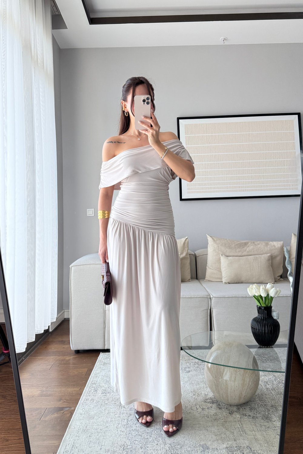 MADDONNA YAKA UZUN ELBİSE-BEJ