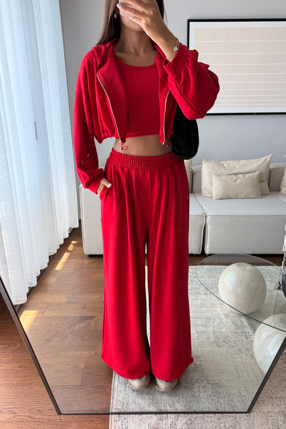 MODAL KUMAŞ KAPÜŞONLU CROP 3LÜ TAKIM-KIRMIZI