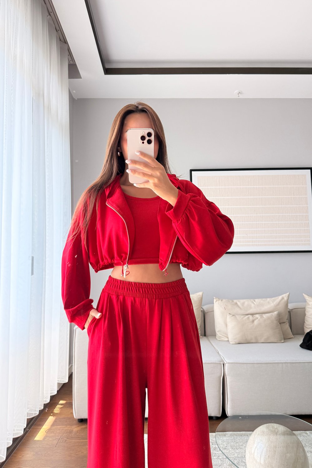 MODAL KUMAŞ KAPÜŞONLU CROP 3LÜ TAKIM-KIRMIZI