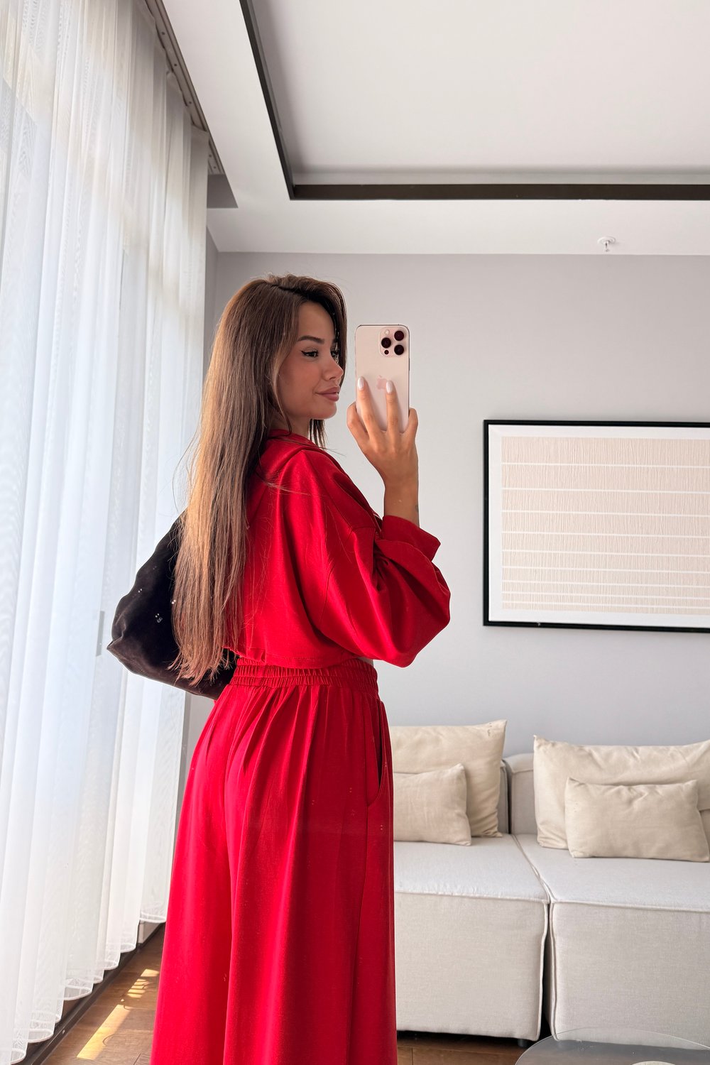 MODAL KUMAŞ KAPÜŞONLU CROP 3LÜ TAKIM-KIRMIZI