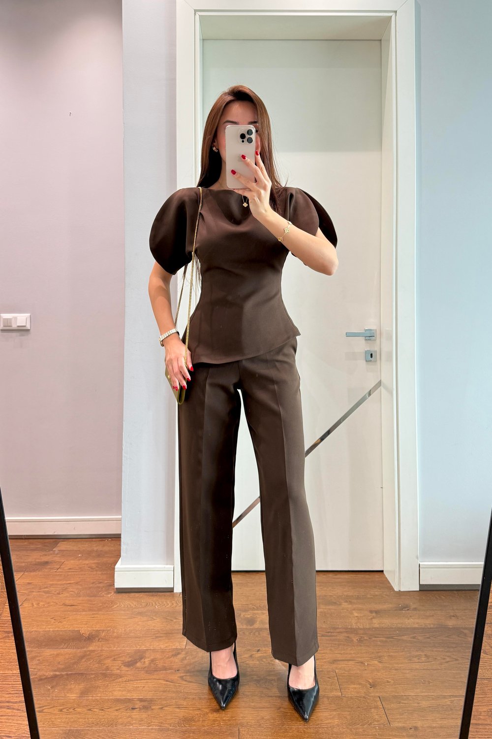 PREMİUM BALON KOL BLUZ PANTOLON TAKIM-KAHVE