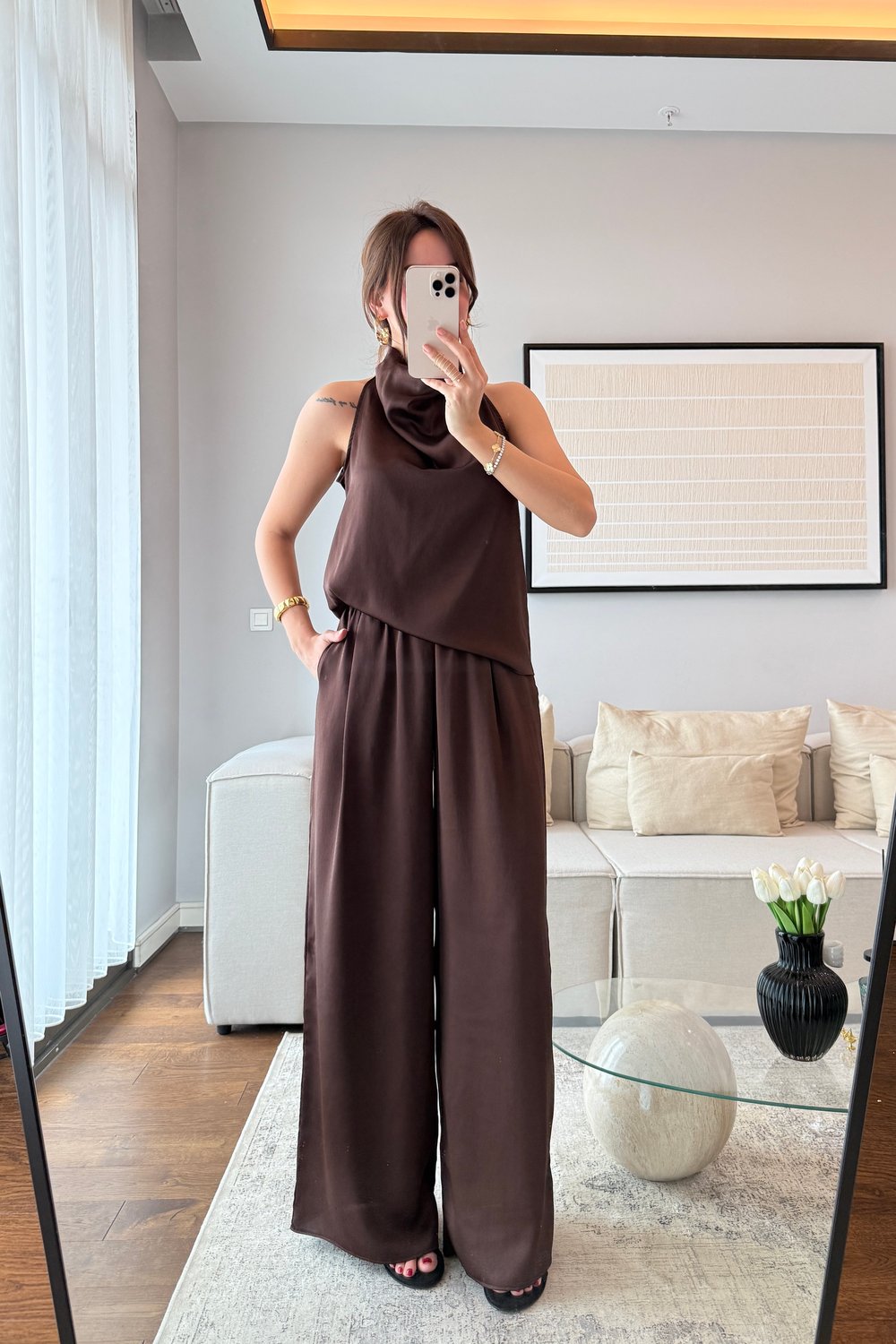 SATEN DRAPELİ PANTOLON TAKIM-KAHVE