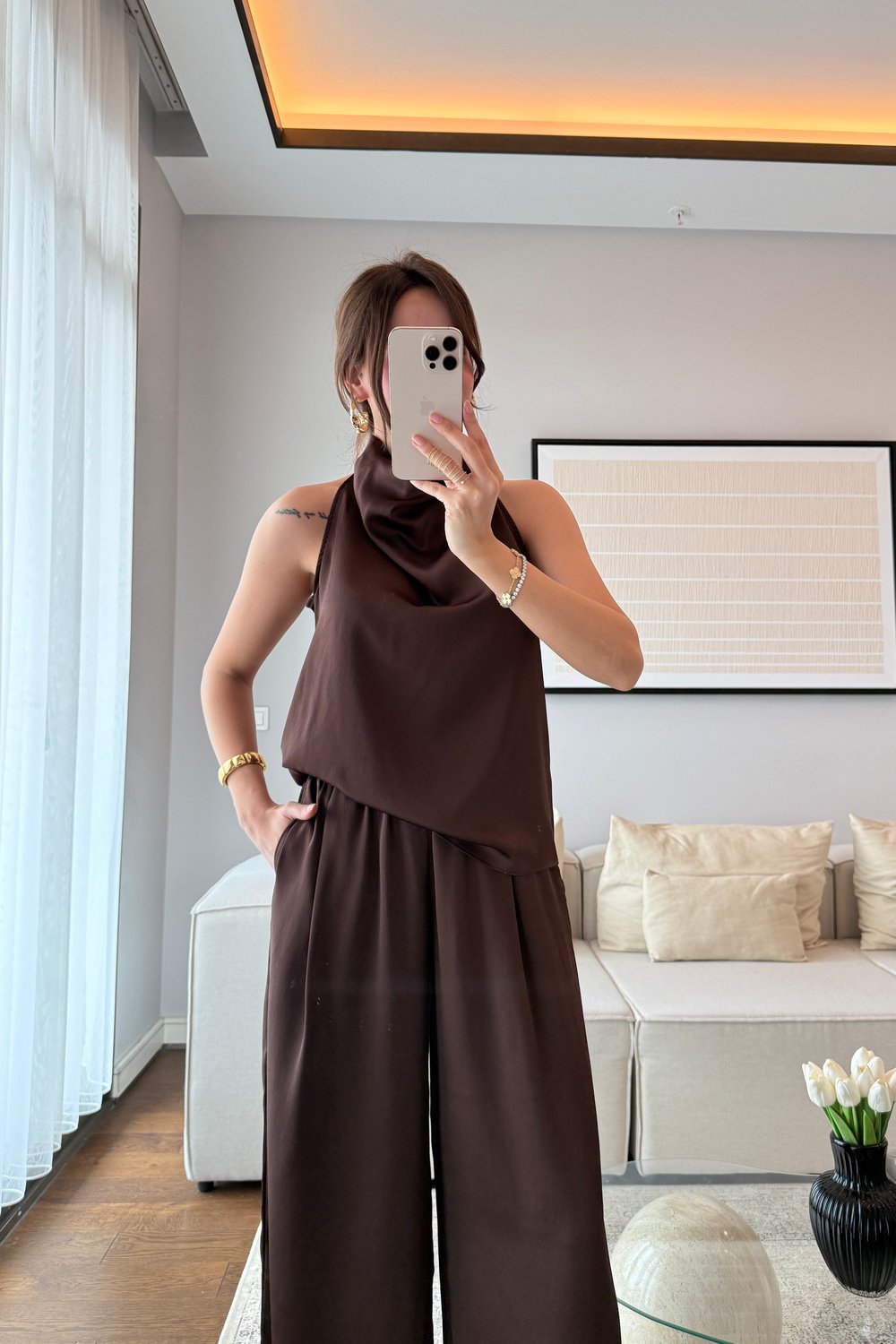 SATEN DRAPELİ PANTOLON TAKIM-KAHVE