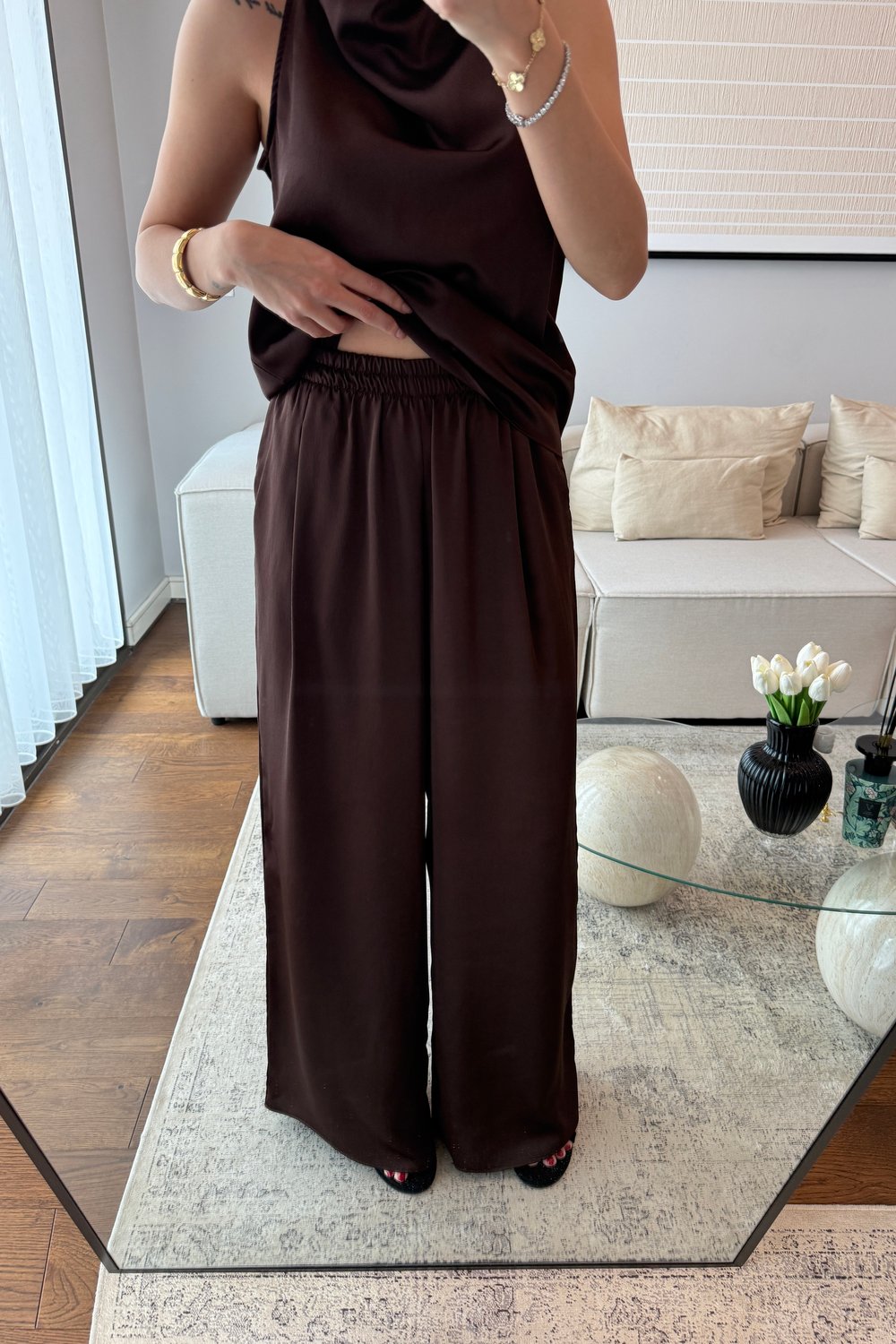 SATEN DRAPELİ PANTOLON TAKIM-KAHVE