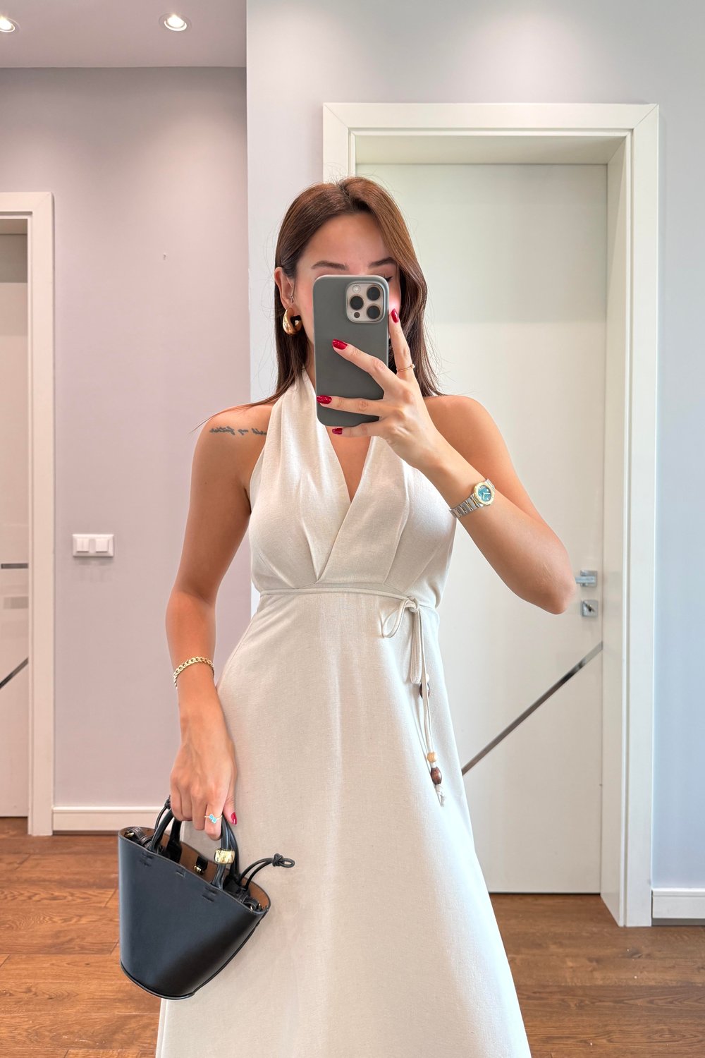 SİENA HALTER YAKA KETEN ELBİSE