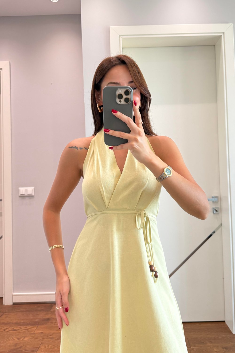 SİENA HALTER YAKA  KETEN ELBİSE-SARI