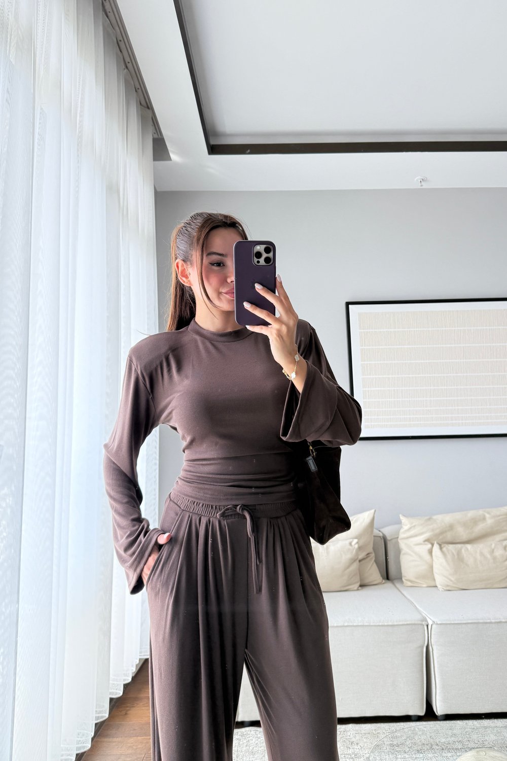 VATKALI BLUZ PANTOLON TAKIM-KAHVERENGİ