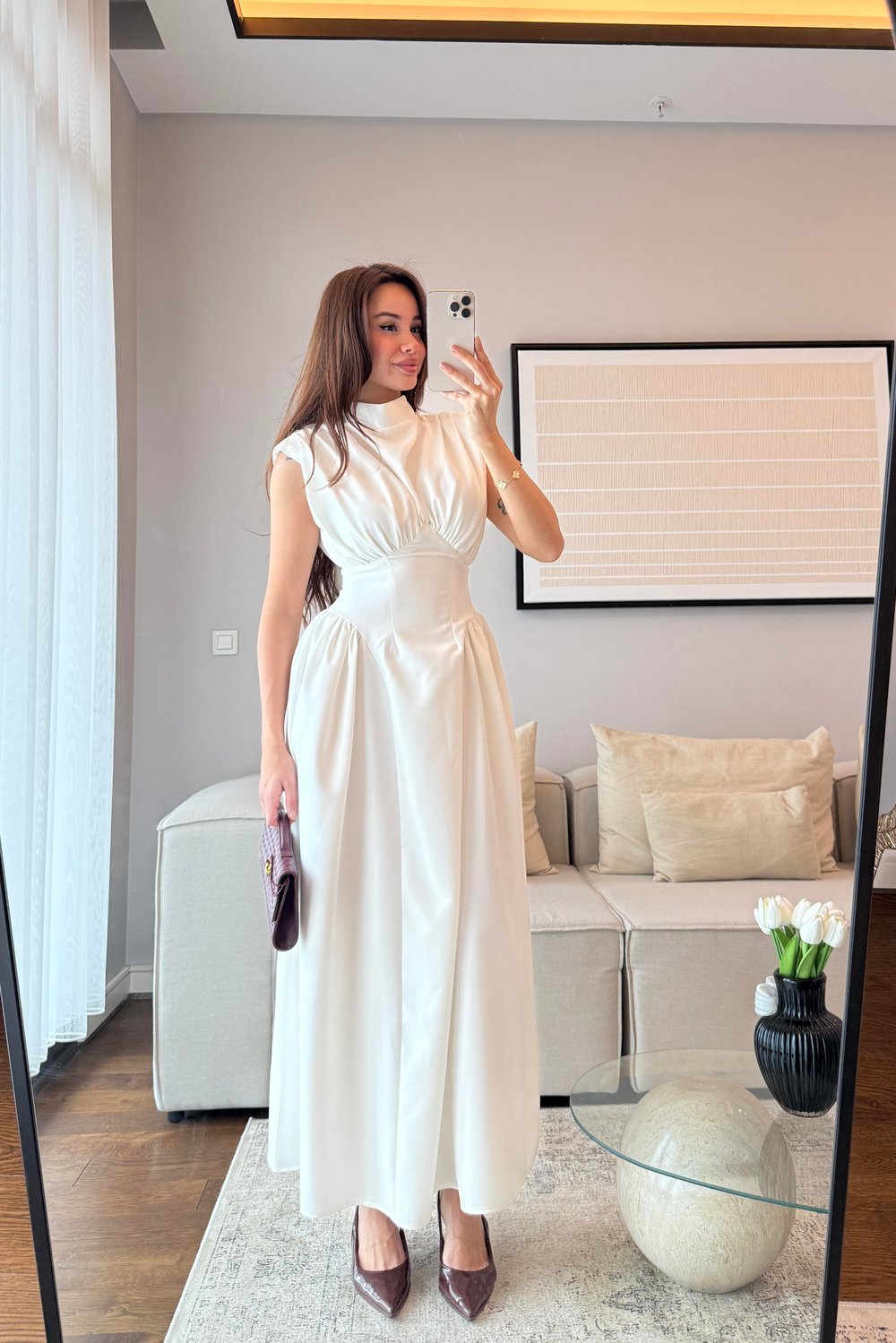 VATKALI OMUZ DRAPELİ BEL DETAYLI MAXİ ELBİSE