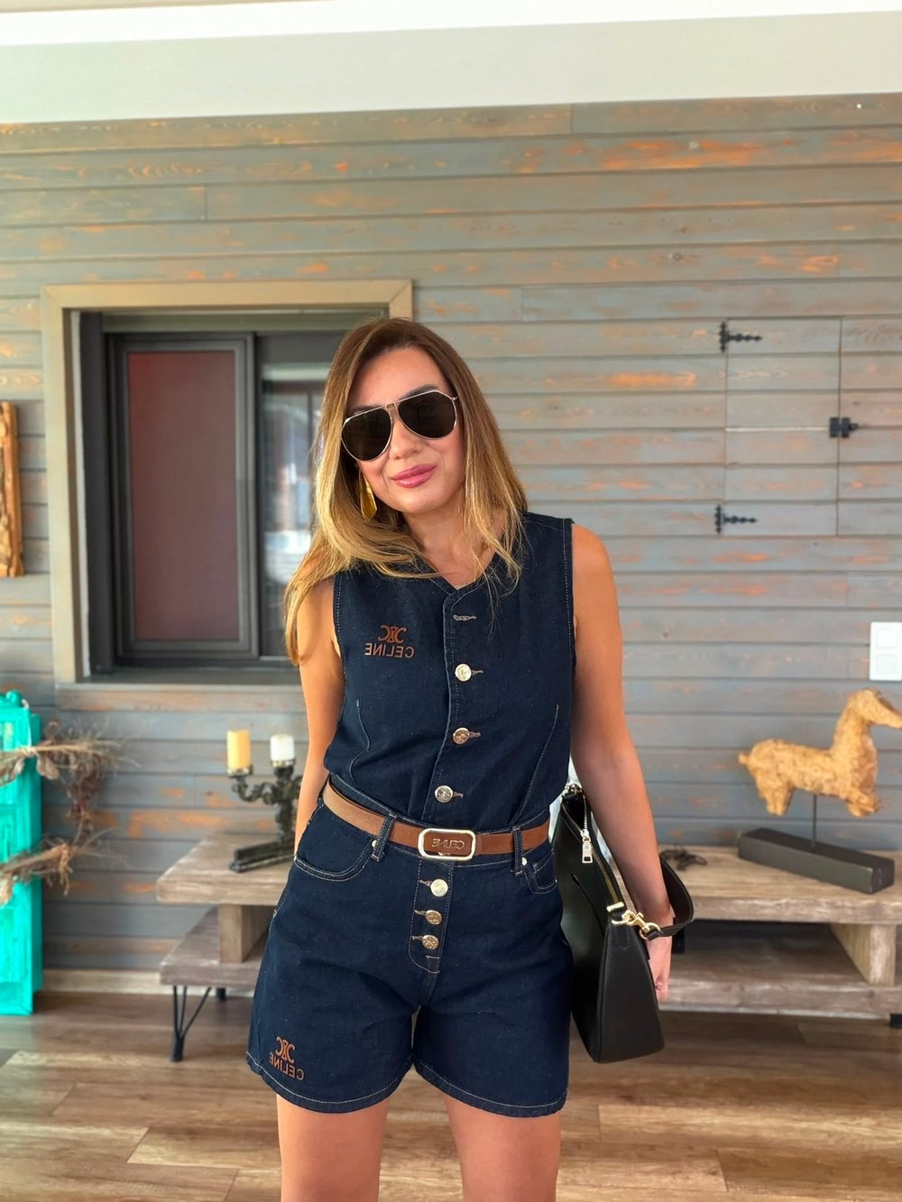 Deli Logolu Gold Düğme Detaylı Jean Yelek Şort Takım