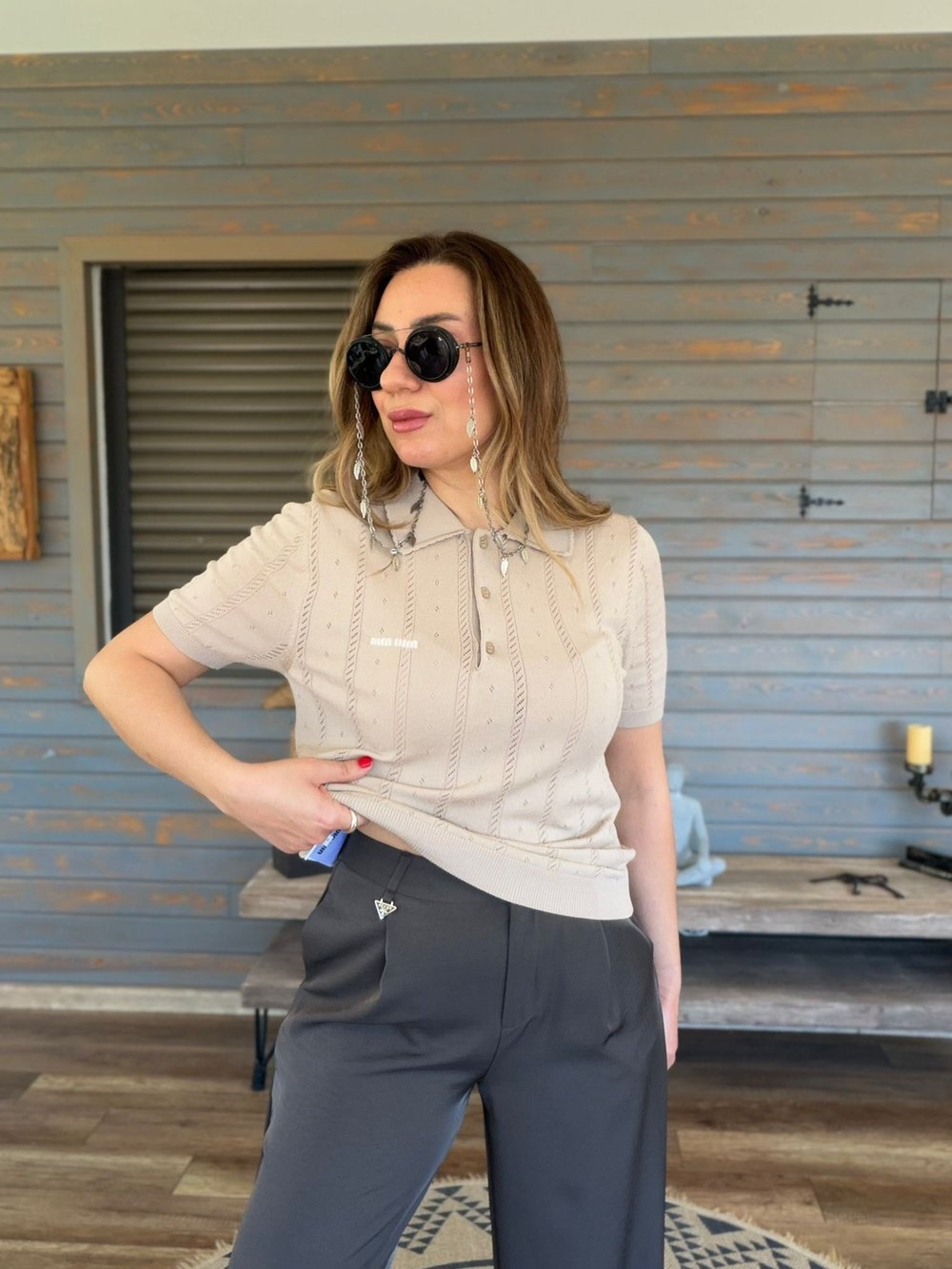 Desenli Yakalı Triko T-Shirt