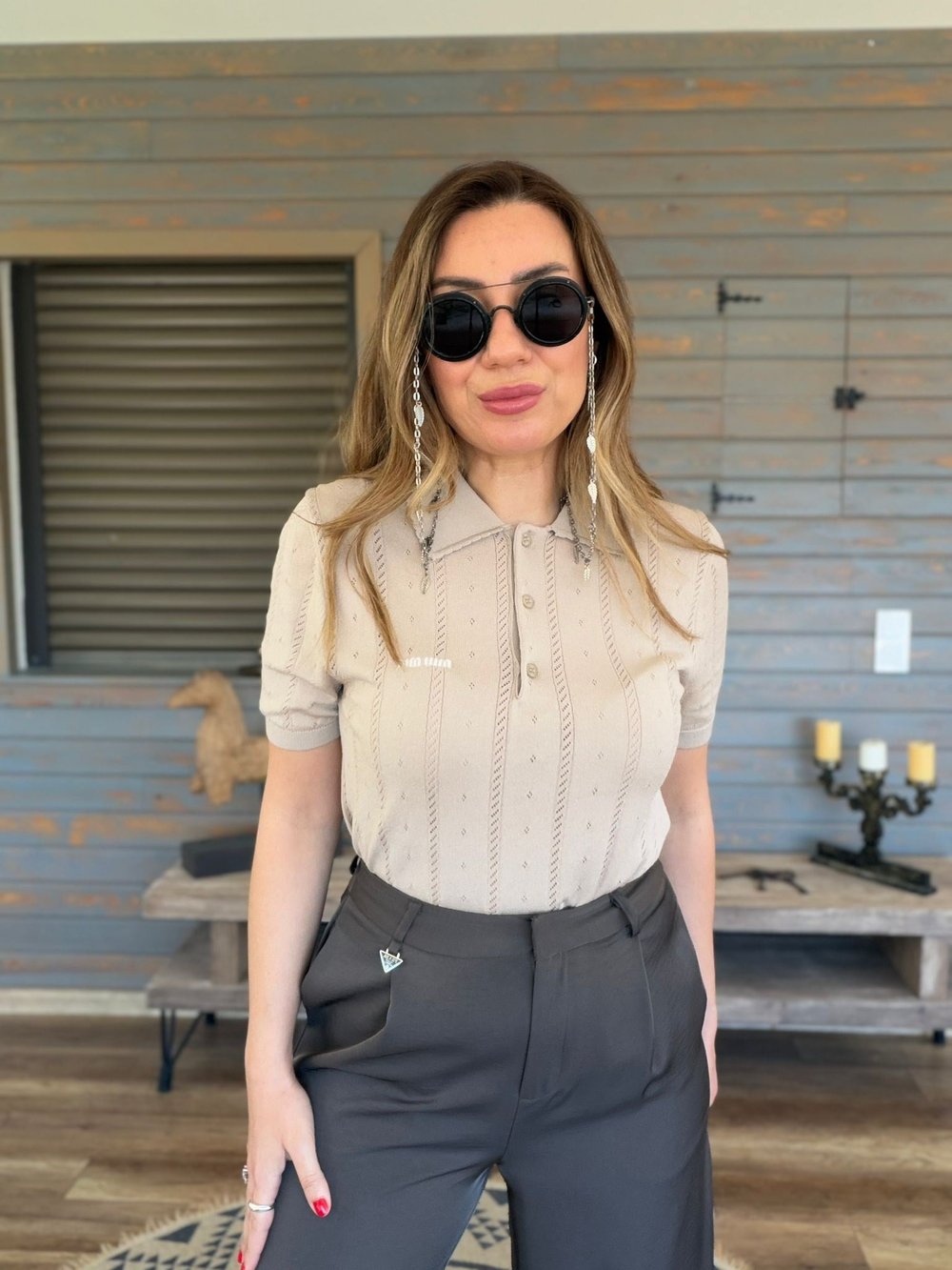 Desenli Yakalı Triko T-Shirt