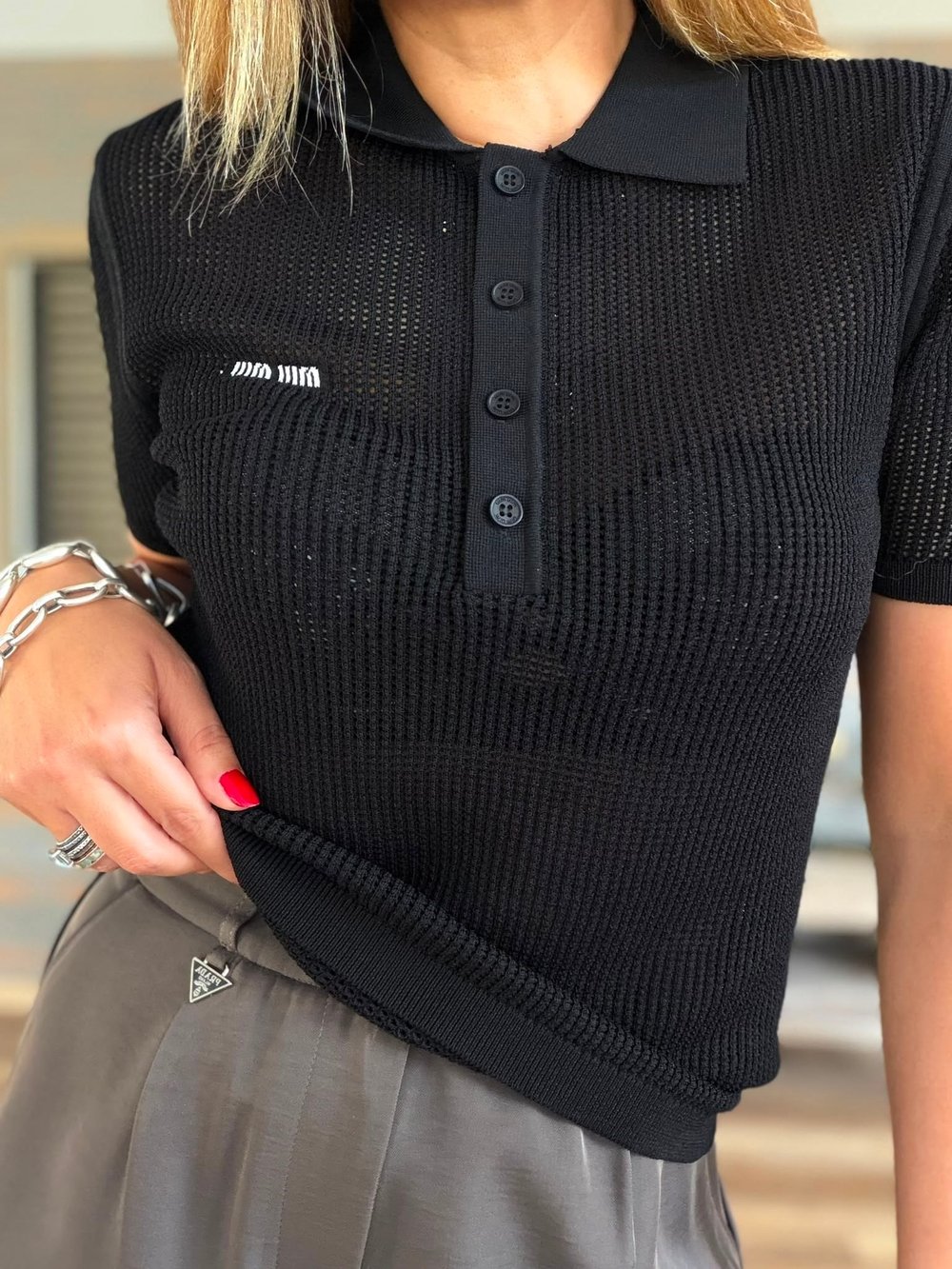 Nakış Logolu Örme Triko Yakalı T-Shirt